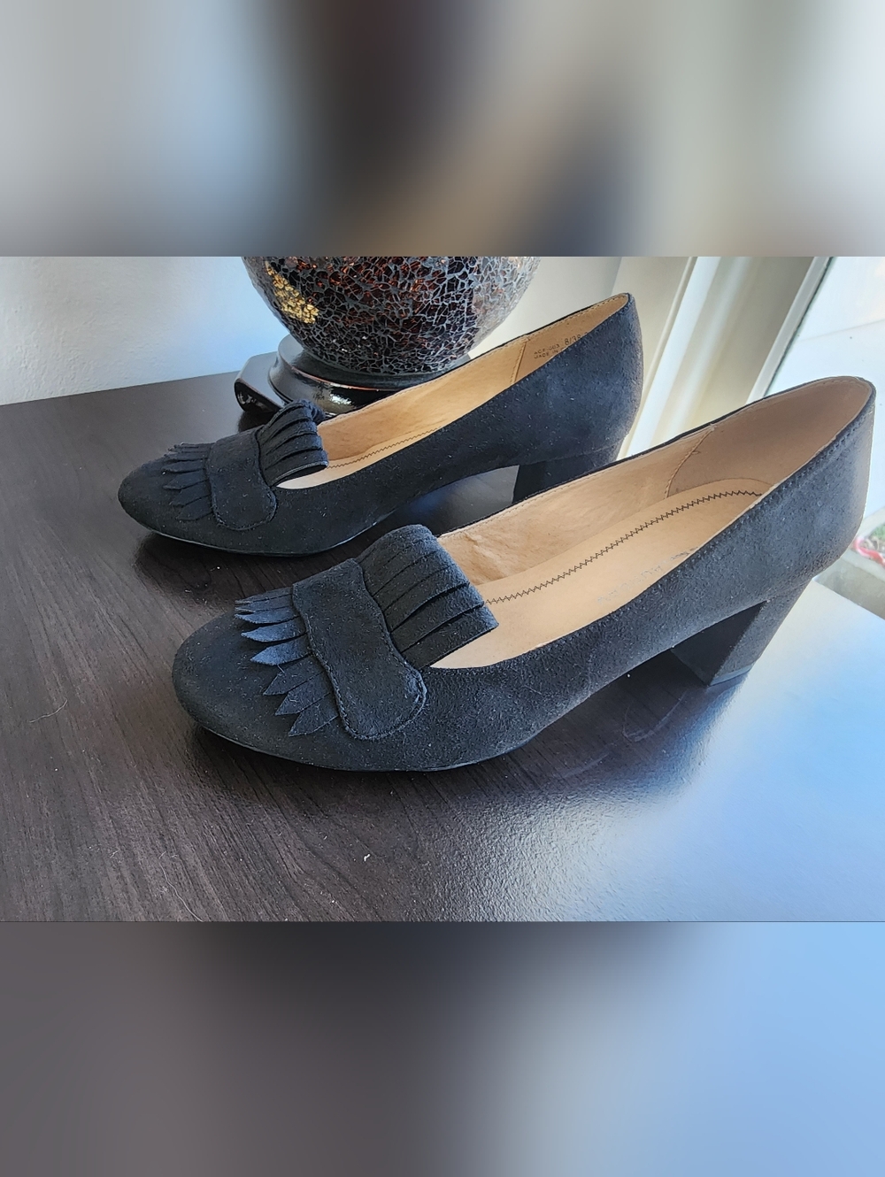 Women's Chinese Laundry Black Suede Heel Fringe Block   Loafers Office Shoes 8